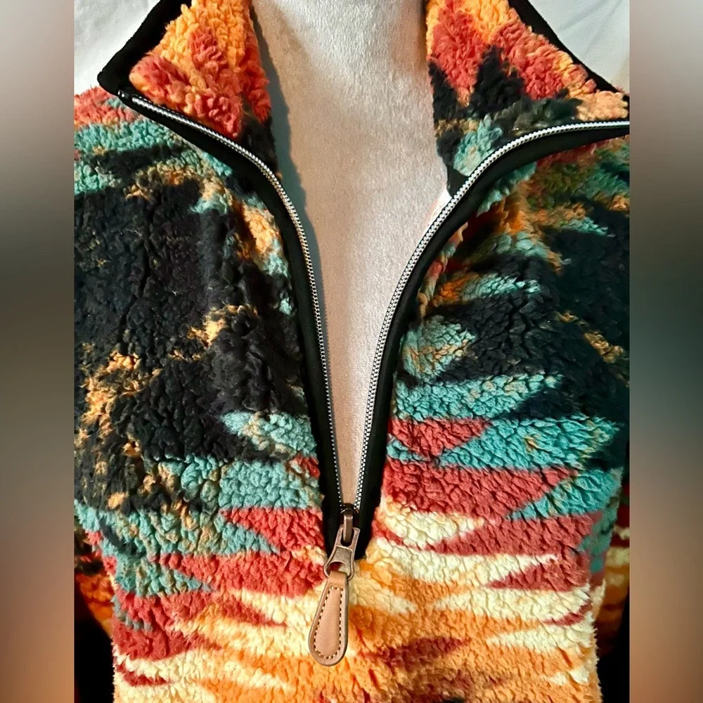 NWT Black, Orange Multicolor Southwestern Sherpa-Like Zip-Up Pullover, Size XL - Picture 5 of 10